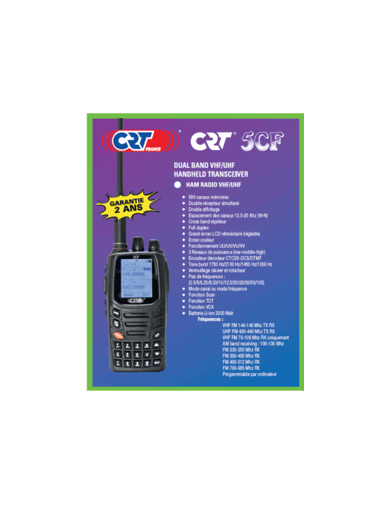CRT 5CF RADIO BIBANDA  TALKY WALKY VHF/UHF DOBLE RECEPTOR SIMULTÁNEO CON PANTALLA LCD COLOR