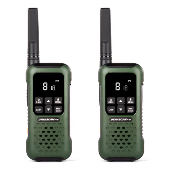 DYNASCAN F‑15 PAREJA WALKIES IP67 SUMERGIBLES PMR‑446 CON ACCESORIOS Y BOTÓN SOS